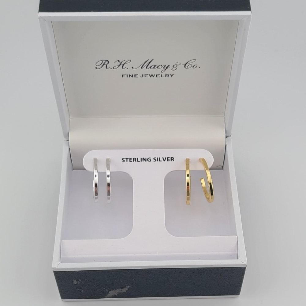 RH Macy & Co Sterling Silver 2 Pair Hoop Earrings Set Gold Silver Tone Flat Edge
